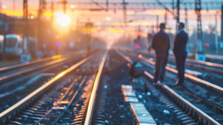 Two businessmen standing on railroad tracks in the early morningの素材