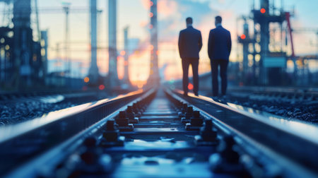 Two businessmen in suits walking away down railroad tracks toward an industrial sunset.の素材