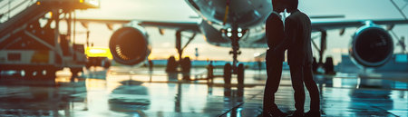 Two businessmen in suits standing on a runway in front of a large airplane.の素材