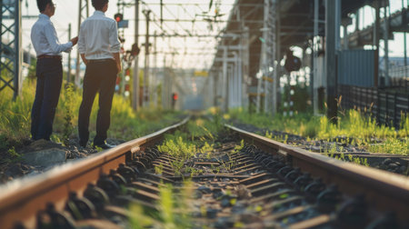 Two businessmen discussing plans while standing on railroad tracksの素材