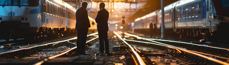 Two businessmen in suits talking on a railroad track with trains in the backgroundの素材