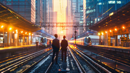 Two businessmen stand on the train tracks in the middle of a busy city.の素材