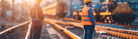 Railway workers inspecting tracksの素材