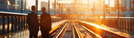 Two businessmen stand on a train platform at sunset discussing the future of their company.の素材