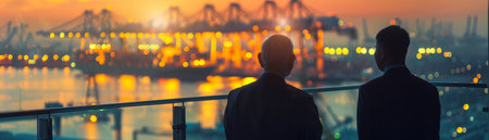 Two businessmen looking at the harbor at sunset.の素材
