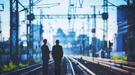 Two businessmen stand on a railroad track and talkの素材