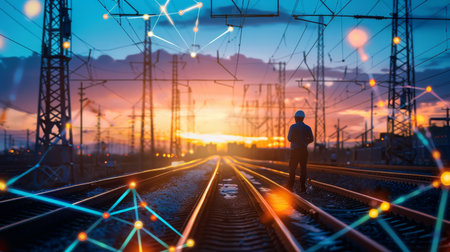 The image shows a railroad track with a worker standing in the middle. The sky is orange and the sun is setting. There are electrical wires and communication towers on both sides of the track.の素材