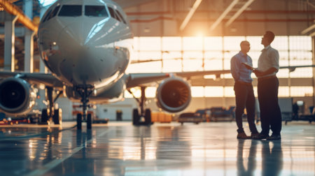 Two engineers discussing the maintenance of the airplane in the hangar.の素材