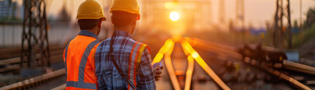 Two construction workers are standing on a railway track and watching the sunset.の素材