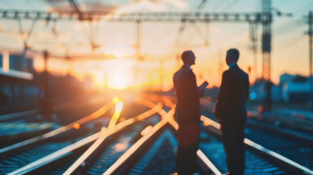 Two businessmen standing on railroad tracks talking with sunset in backgroundの素材