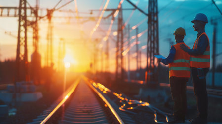 Two engineers in hard hats and safety vests inspect a railroad track at sunset.の素材