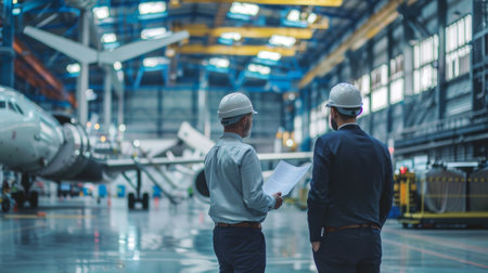 Two engineers in hard hats discussing plans in front of an airplane.の素材