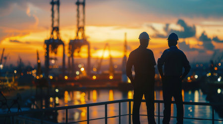 Two engineers in hardhats looking out at an industrial shipyard at sunset.の素材