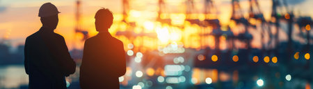 Two engineers in hardhats looking out at a busy shipping port at sunset.の素材