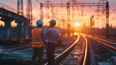Two engineers in hard hats discussing plans for a new railwayの素材