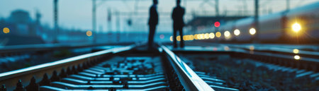 Two people standing on a railroad track in the distance with a train approaching behind them.の素材