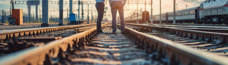 Two people are standing on a railroad track looking at the sunset.の素材