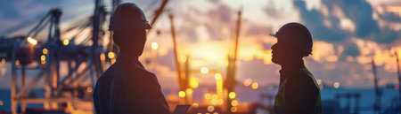 Two engineers in hard hats discuss a project at a busy port at sunset.の素材