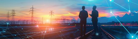Two people standing on a railroad track at sunset.の素材