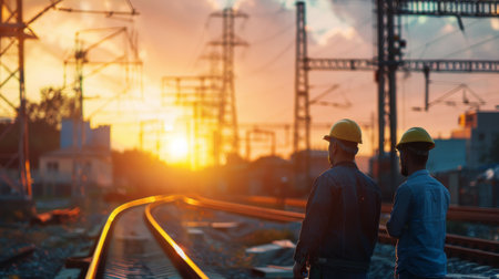 Two men in hard hats are standing on a railroad track at sunset.の素材