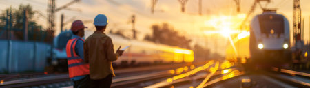 Two railroad workers inspect a passing train.の素材