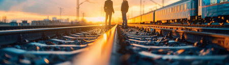 Two people standing on railroad tracks during sunset.の素材