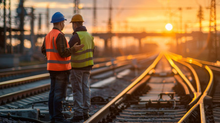 Two railroad workers stand on the tracks and watch the sunset.の素材