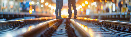 A couple standing on a railroad track with the sun setting in the background.の素材