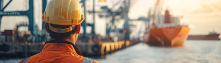 A man in a hard hat is standing on a pier, looking at a docked cargo ship.の素材