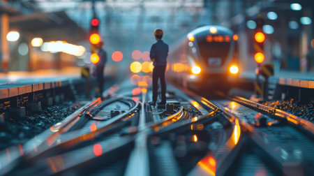 A miniature person standing on a train track with a real train approaching in the background.の素材