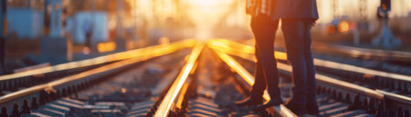 A couple standing on a railroad track with the sun setting in the backgroundの素材