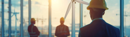 A businessman looking at wind turbines with two construction workers in the background.の素材