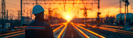 Railway worker standing on the tracks at sunsetの素材