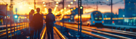 A group of people standing on a train platform at sunset.の素材