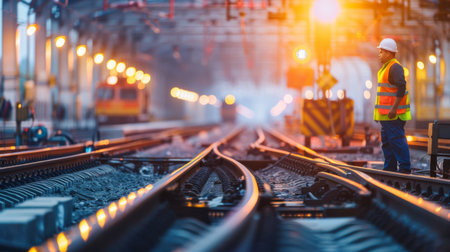 Railway worker standing on the tracksの素材
