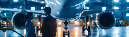 Two engineers discussing the maintenance of the airplane engine in the hangar.の素材