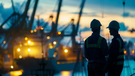 Two engineers in hard hats discuss plans in front of a large ship at sunset.の素材