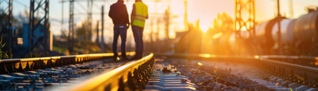 Railway workers inspecting tracks at sunsetの素材