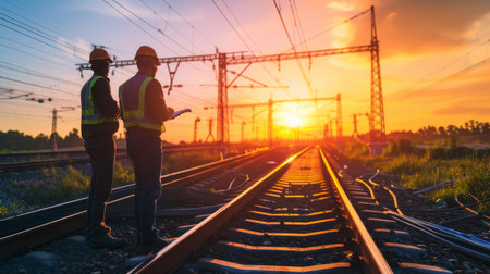 Railway workers inspect tracks at sunsetの素材