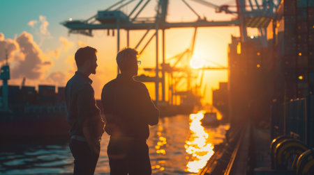 Two men are standing on a pier at sunset.の素材