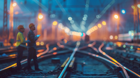 Railway workers inspecting tracks at nightの素材