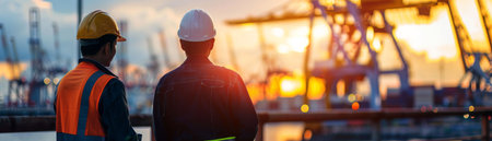 Two construction workers are standing with their backs to the camera, looking out at a large construction site.の素材