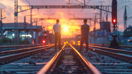 Two people standing on a railroad track with the sun setting in the background.の素材