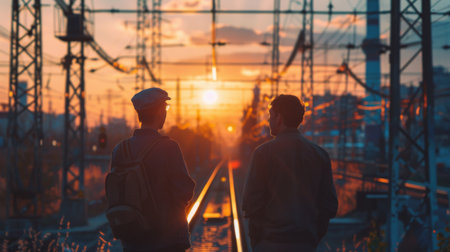 Two friends standing on railroad tracks at sunsetの素材