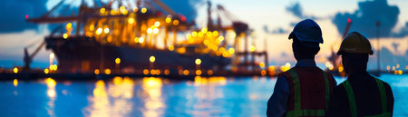 Industrial worker or engineer working in shipyard at sunset time.の素材