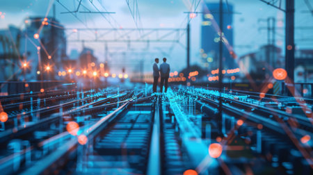 Two businessmen stand on a railroad track in front of an oncoming train.の素材
