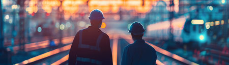 Two figures in hard hats walk down a railroad track toward a brightly lit train yard at dusk.の素材