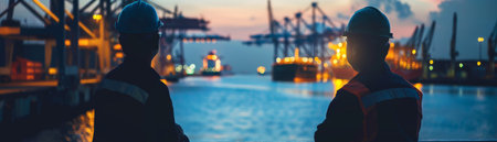 Industrial workers working in port at night time, Freight transportation concept.の素材