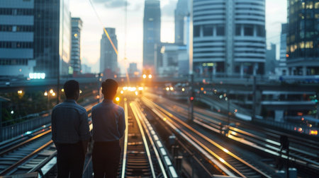 Two people standing on a train track in the city looking at the sunset.の素材