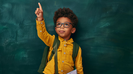african american schoolboy in eyeglasses pointing with finger at chalkboardの素材